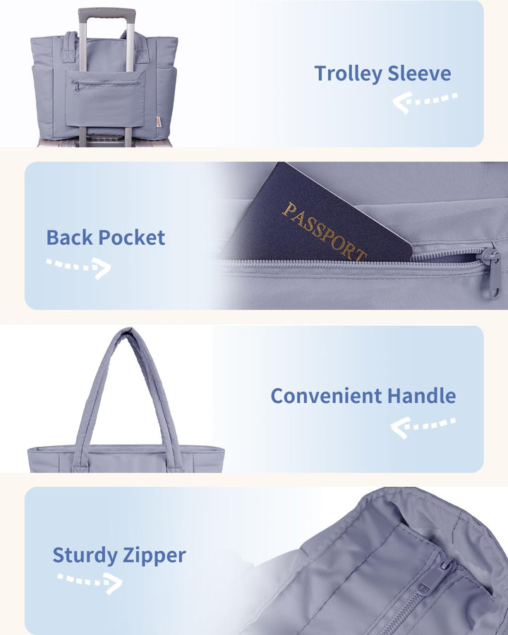 Daily commuter women's quilted puffer tote, organized for essentials & tech.