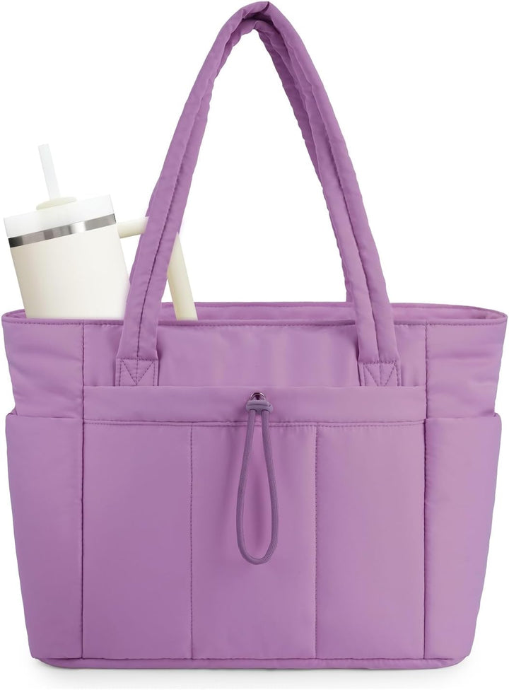 Functional women's puffer tote, a stylish choice with laptop sleeve & cup holder.