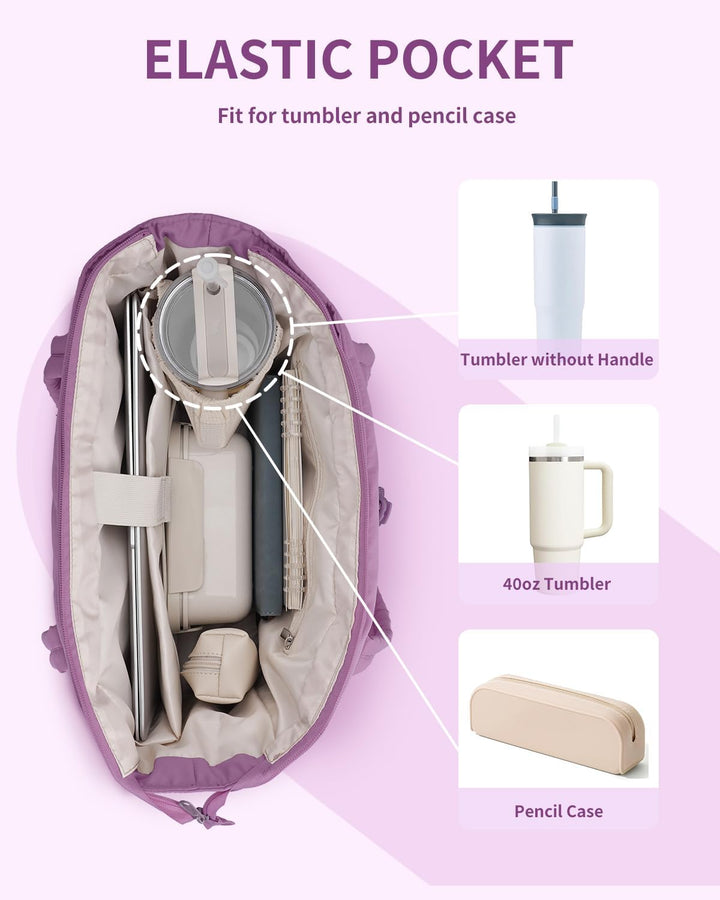 Organized quilted puffer bag for women, featuring laptop sleeve and cup holder.