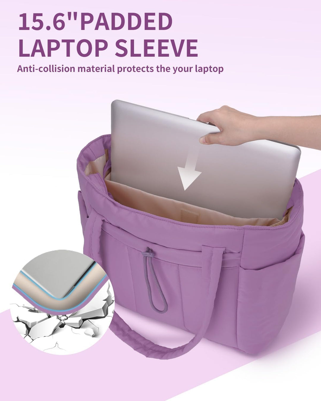 Women's spacious quilted puffer work tote, with laptop sleeve & convenient cup holder.