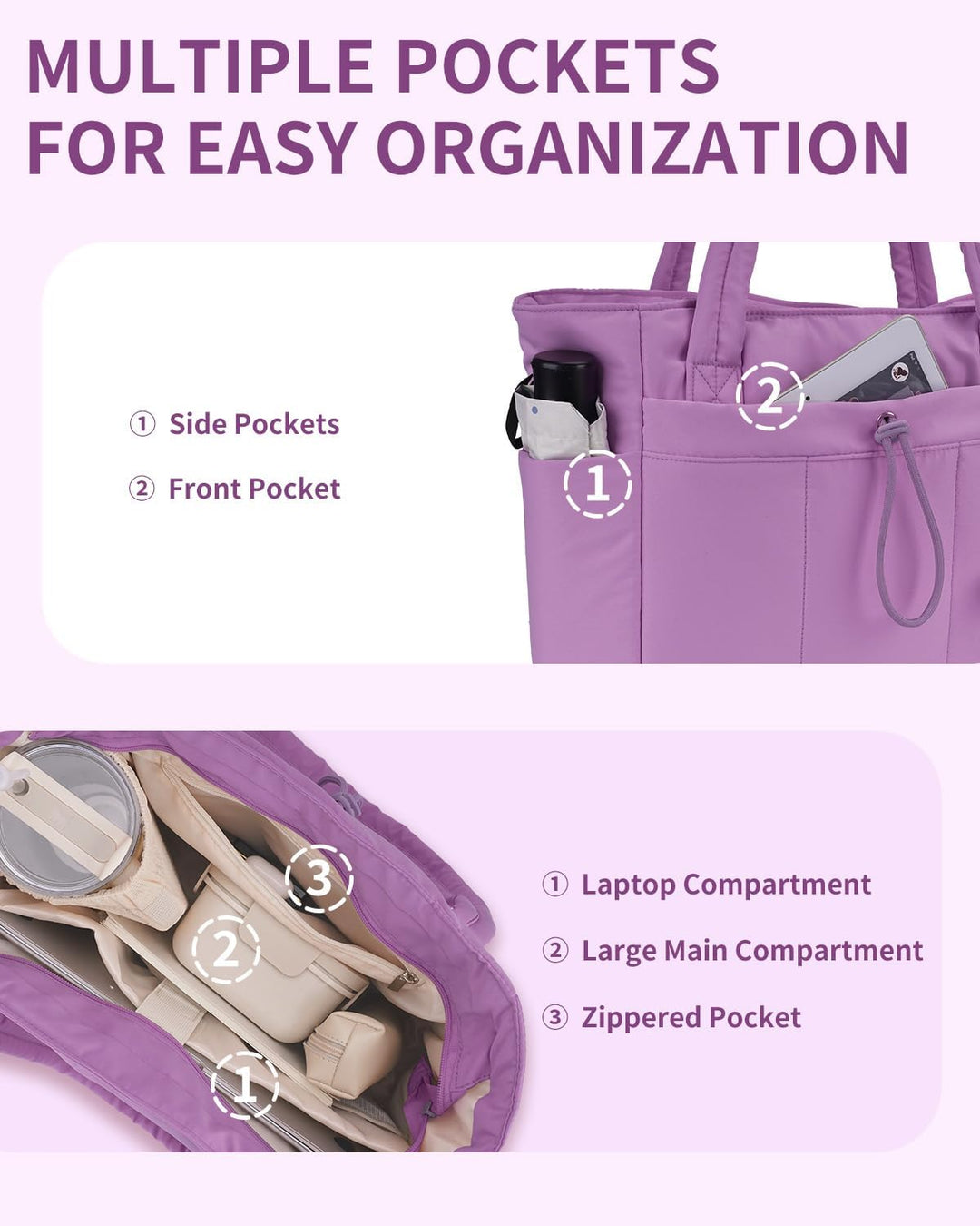 Quilted puffer travel tote for women, complete with laptop sleeve & cup holder.