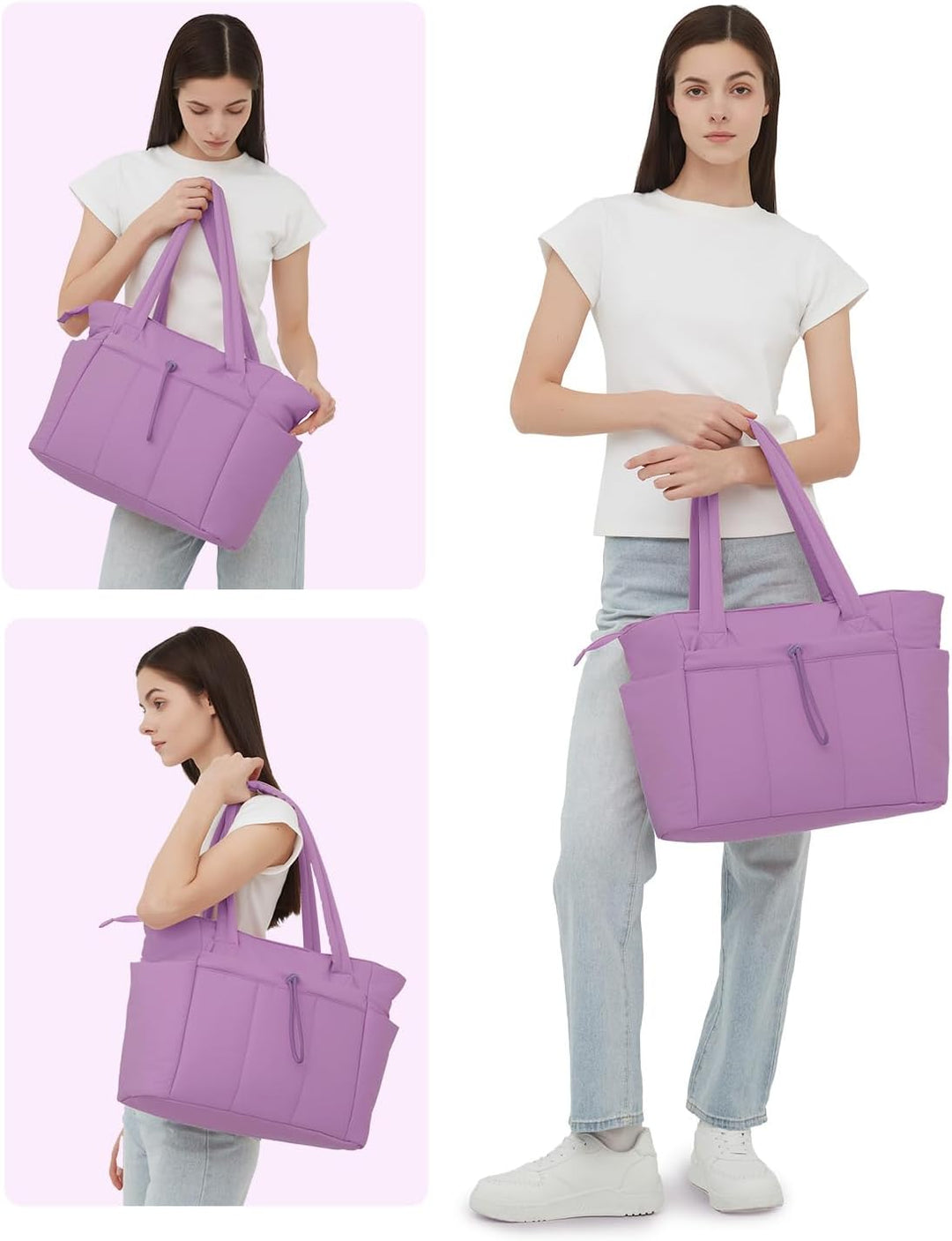 Modern women's quilted puffer bag, ideal for daily commute with tech organization.