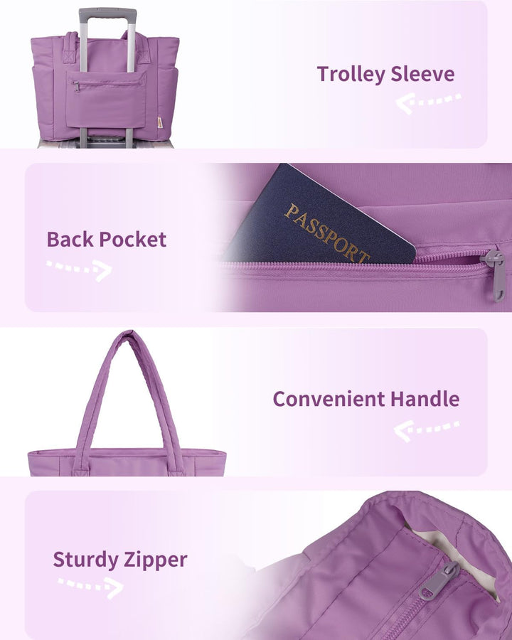 Durable quilted puffer laptop tote for women, with cup holder & trolley sleeve.