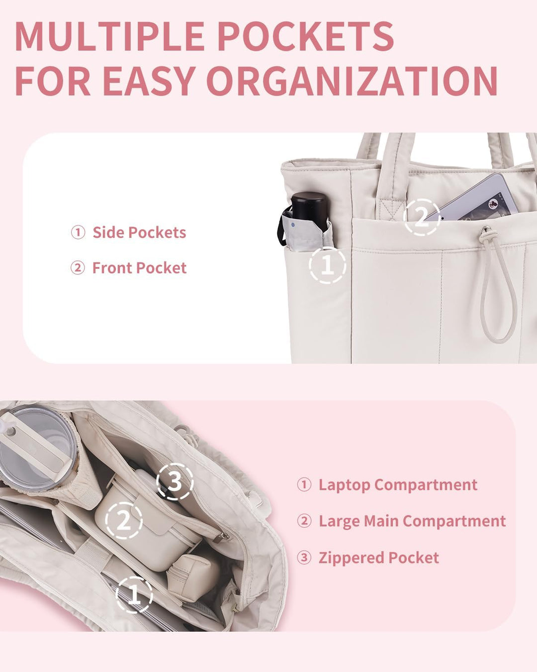 Versatile women's puffer tote bag, ideal for gym, work, or travel.