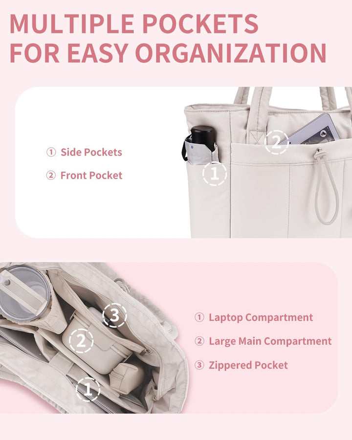 Versatile women's puffer tote bag, ideal for gym, work, or travel.