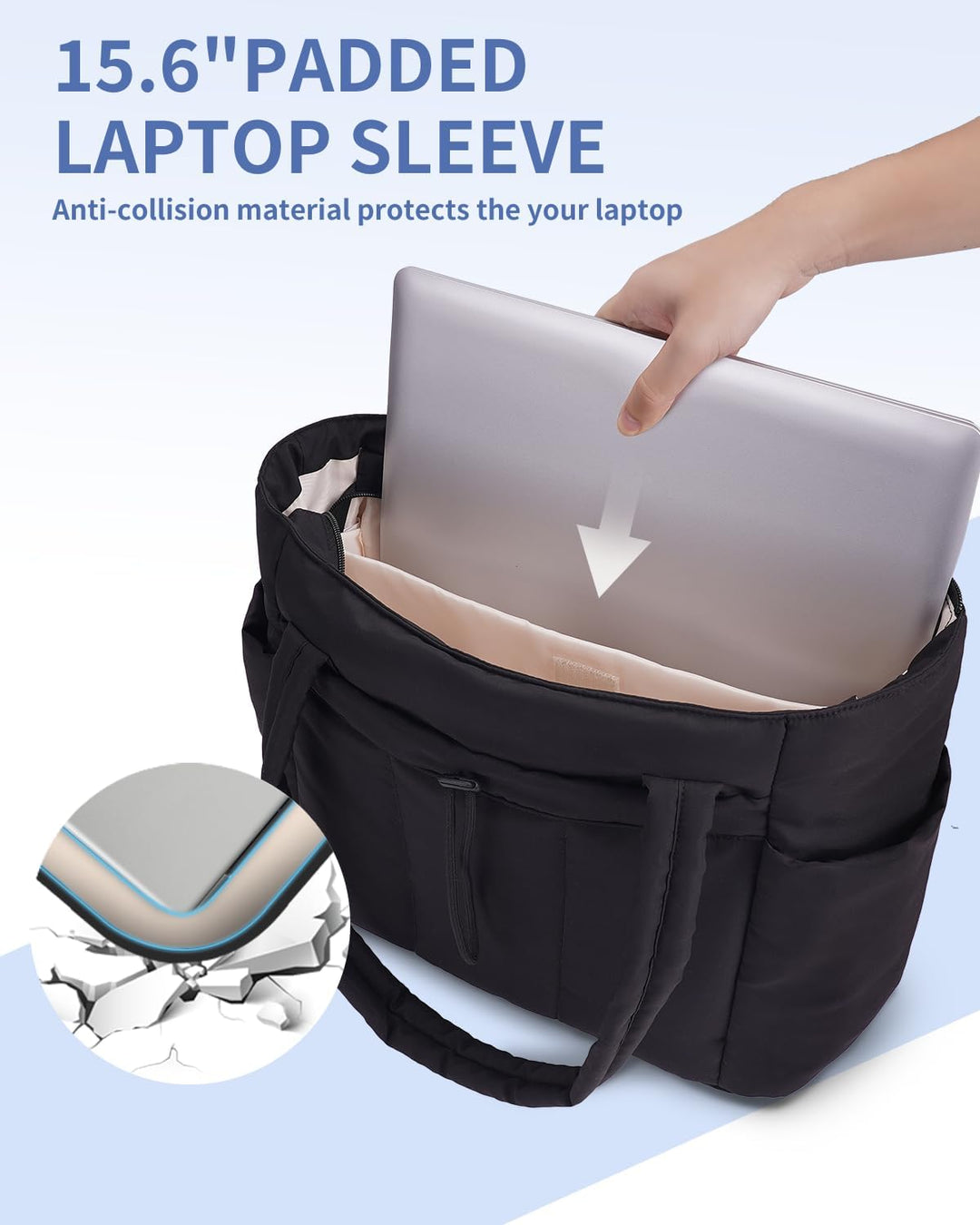 Chic quilted puffer work tote for women, featuring laptop sleeve & drink holder.