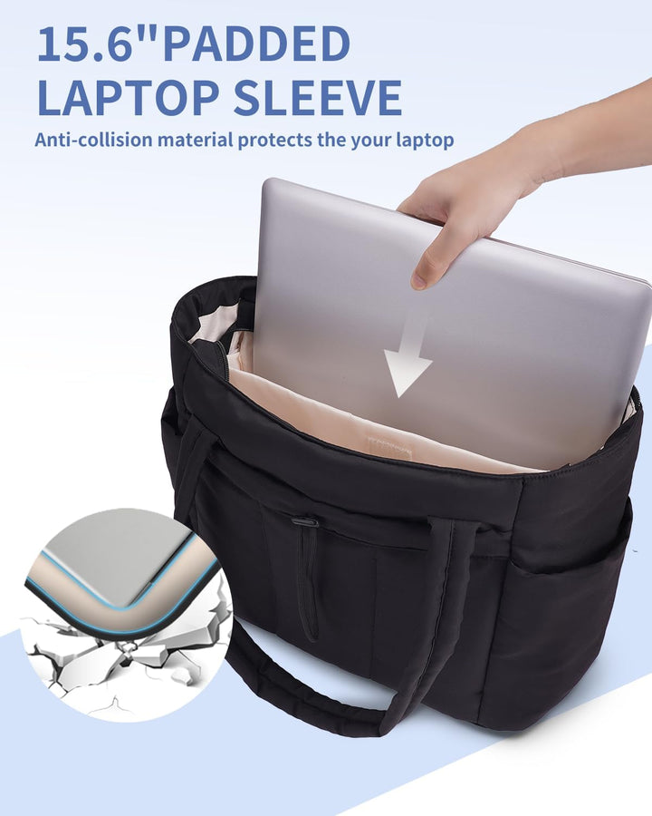 Chic quilted puffer work tote for women, featuring laptop sleeve & drink holder.