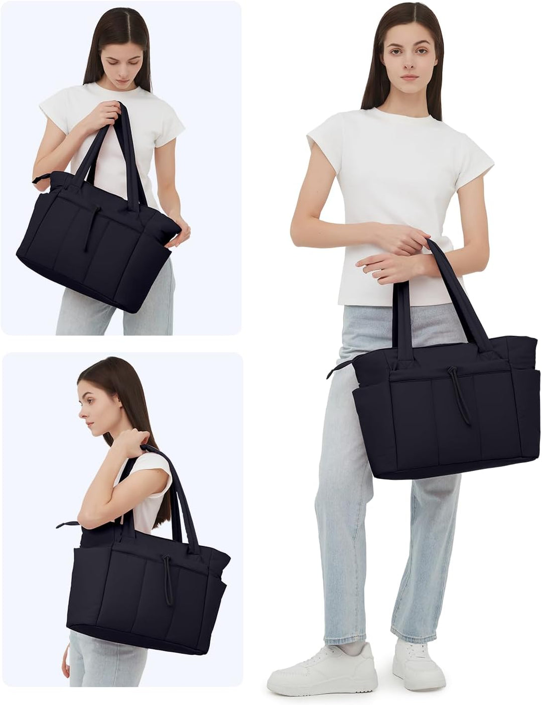 Quilted puffer tote for women, with secure laptop sleeve & easy access cup holder.