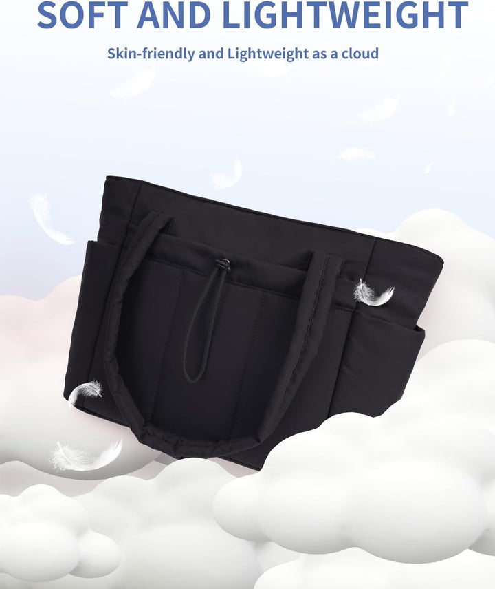 Women's lightweight quilted puffer travel tote, organized for all your needs.
