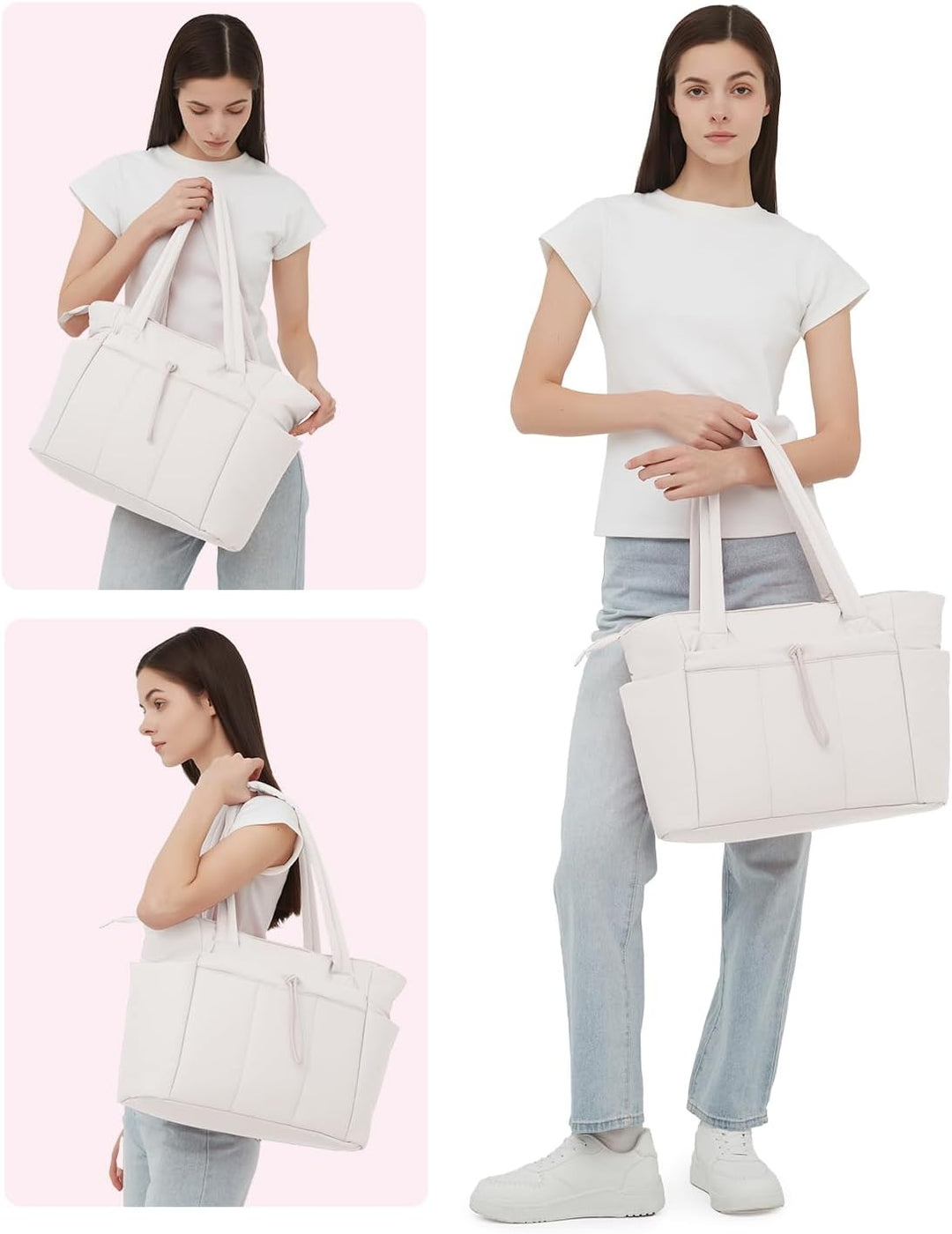 Organized quilted puffer tote with laptop sleeve, cup holder & ample space.