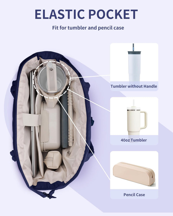 Organized women's quilted puffer bag, a laptop tote with a convenient cup holder.