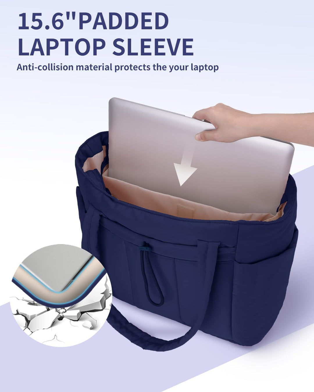 Women's spacious quilted puffer travel tote, with laptop sleeve & drink holder.