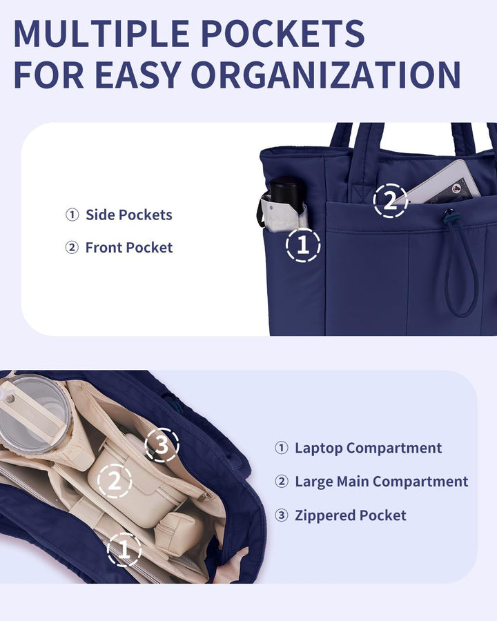 Modern quilted puffer tote for women, perfect for work essentials & travel.