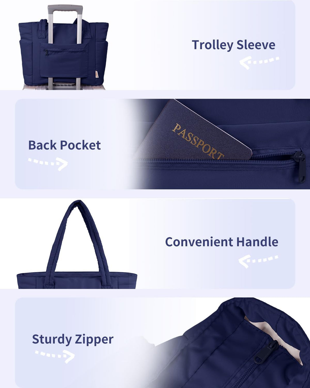 Women's chic quilted puffer bag, with laptop sleeve, cup holder & trolley sleeve.