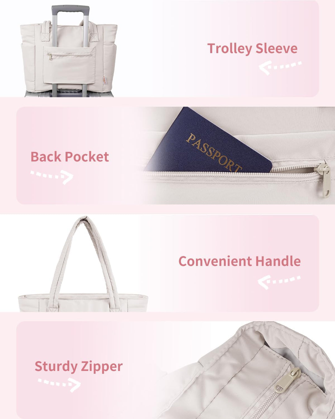 Lightweight quilted puffer travel tote with laptop sleeve & cup holder.