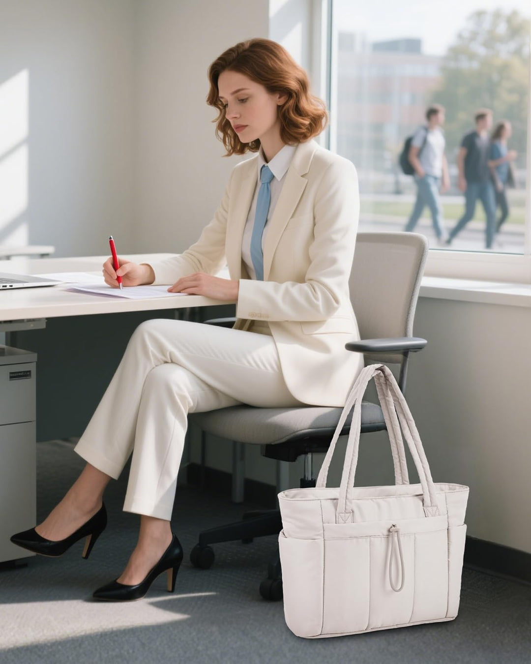 Chic women's puffer tote for work, featuring laptop sleeve & cup holder.