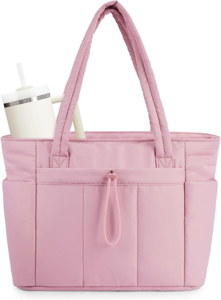 Functional quilted puffer gym carryall with integrated cup holder & laptop sleeve.