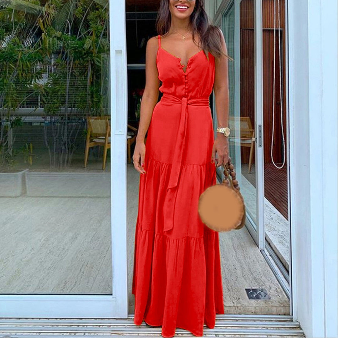 Women's red button-front tie-strap maxi dress with tiered skirt. Ideal for summer, beach, casual, or vacation.
