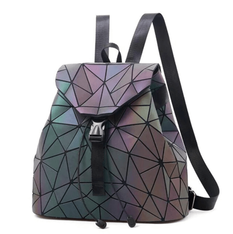 Trendy women's reflective geometric daypack, faux leather, with an eye-catching color-changing design.