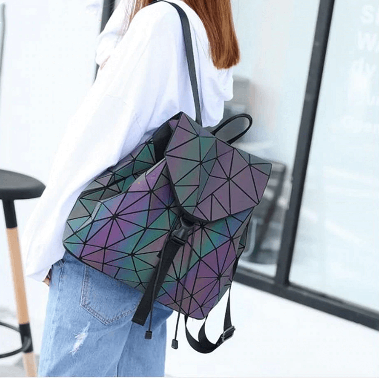 Unique women's color-changing backpack, reflective geometric design for a truly luminous fashion statement.