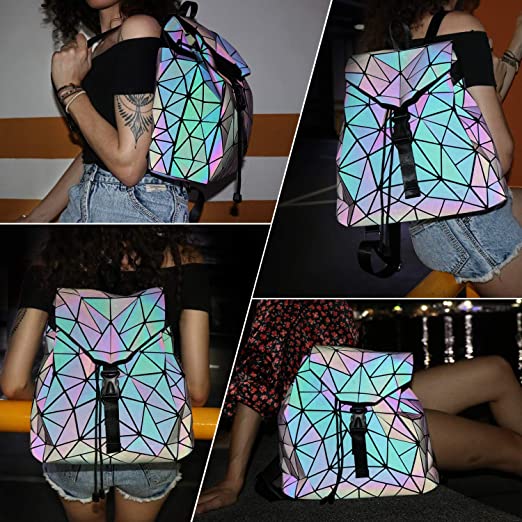 Eye-catching reflective geometric women's bag, transforming colors, perfect as a stylish travel pack.