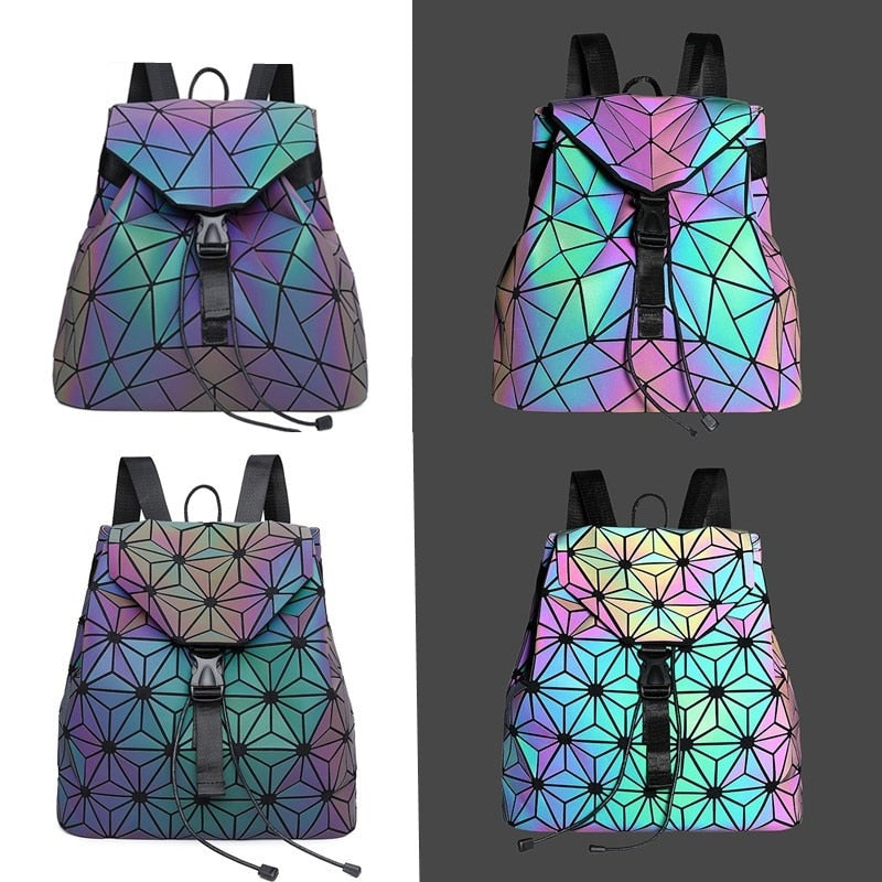 Detailed look at the reflective geometric panels of the women's color-changing luminous backpack.