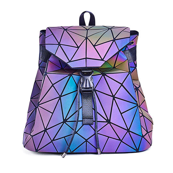 Stylish faux leather geometric daypack for women, reflective and color-changing with a unique design.