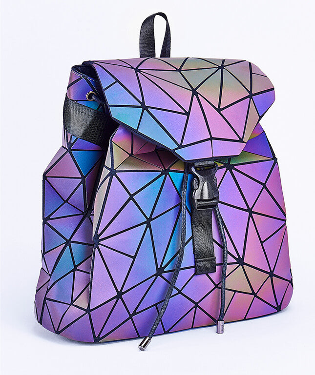 Luminous women's travel bag with a striking reflective geometric pattern and dynamic color change.