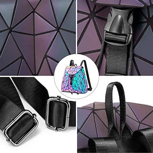 Woman wearing a stylish reflective geometric backpack, highlighting its color-changing appeal.