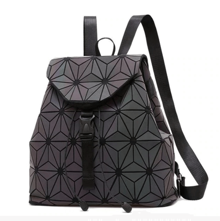 Front view of the women's reflective geometric backpack, showcasing its brilliant color-changing surface.