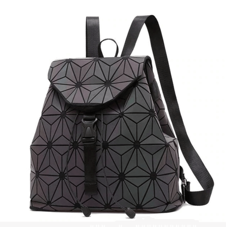 Front view of the women's reflective geometric backpack, showcasing its brilliant color-changing surface.