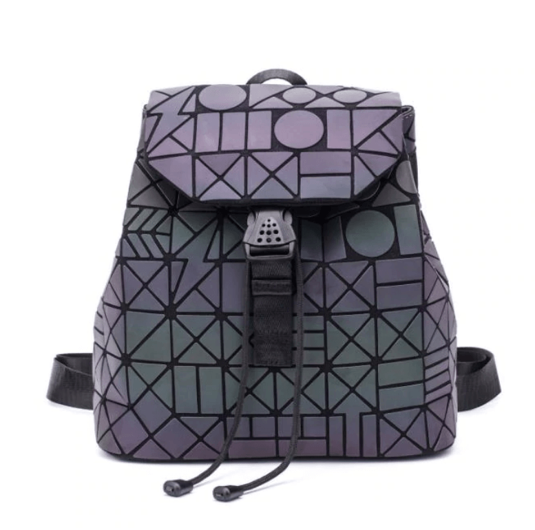 Chic faux leather women's backpack, reflective geometric, offering a stunning color-changing effect.
