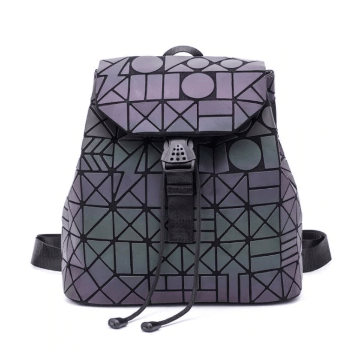 Chic faux leather women's backpack, reflective geometric, offering a stunning color-changing effect.
