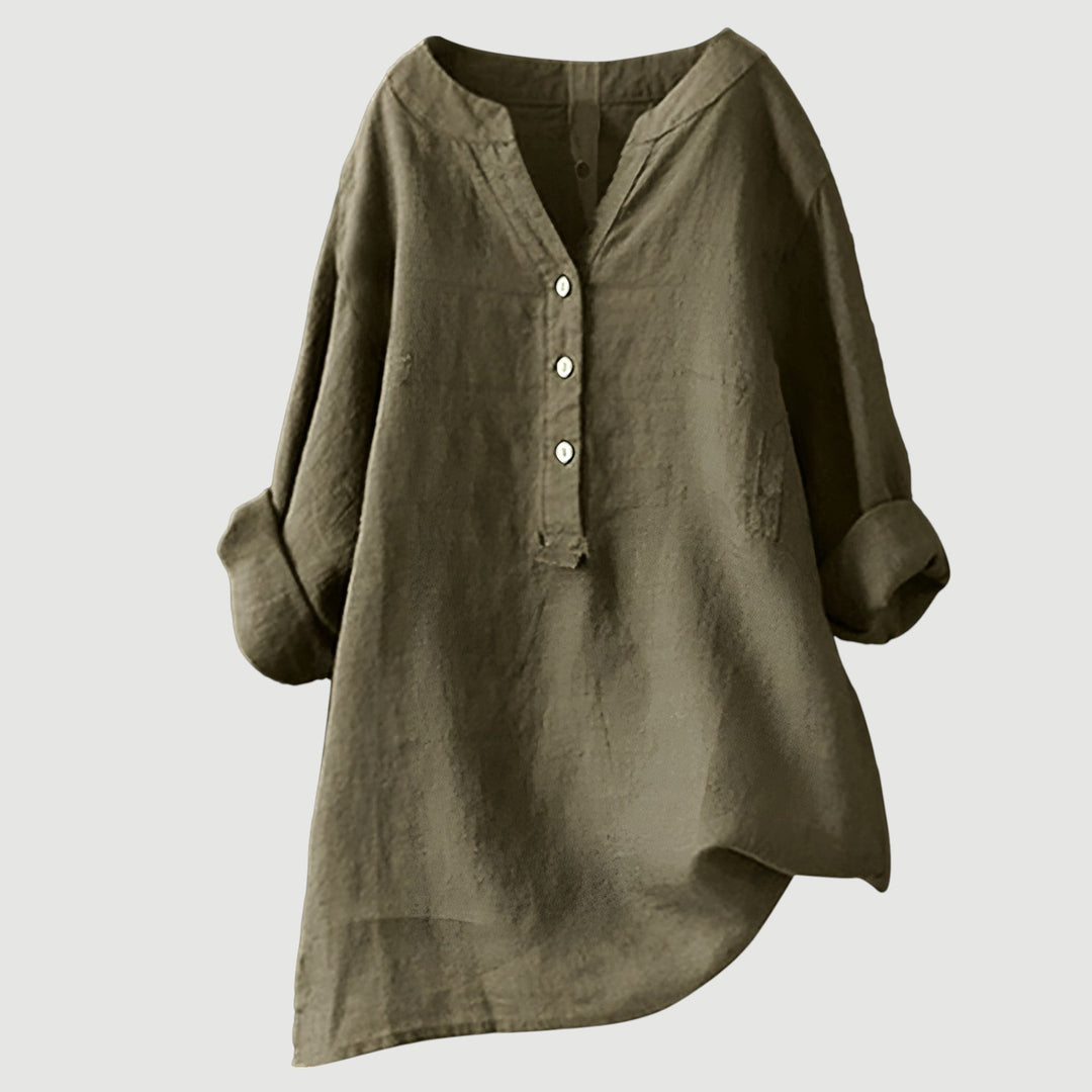 Women's relaxed button tunic, perfect for everyday casual elegance. Comfortable long sleeve top.