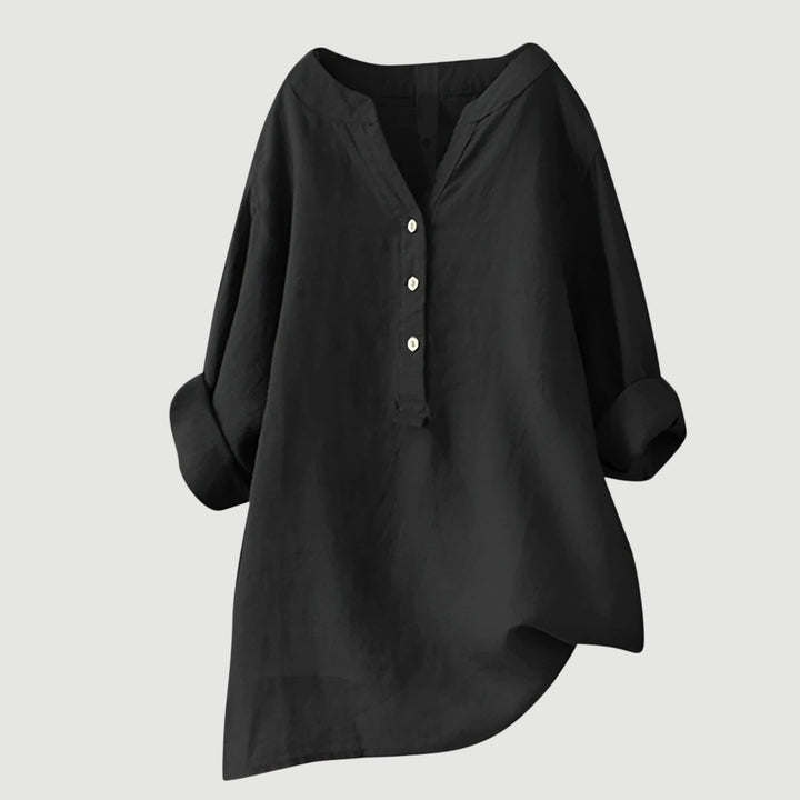 Relaxed fit women's button tunic. Comfortable long sleeve top for versatile, effortless everyday style.