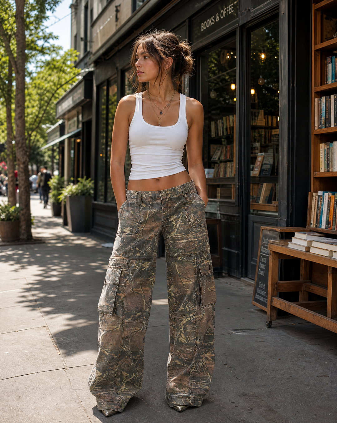 Comfortable women's wide-leg camo cargo pants, relaxed fit utility bottoms for casual fashion.