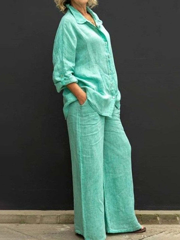 Women's relaxed fit cotton-linen two-piece summer suit set, perfect for casual, office, or vacation wear.