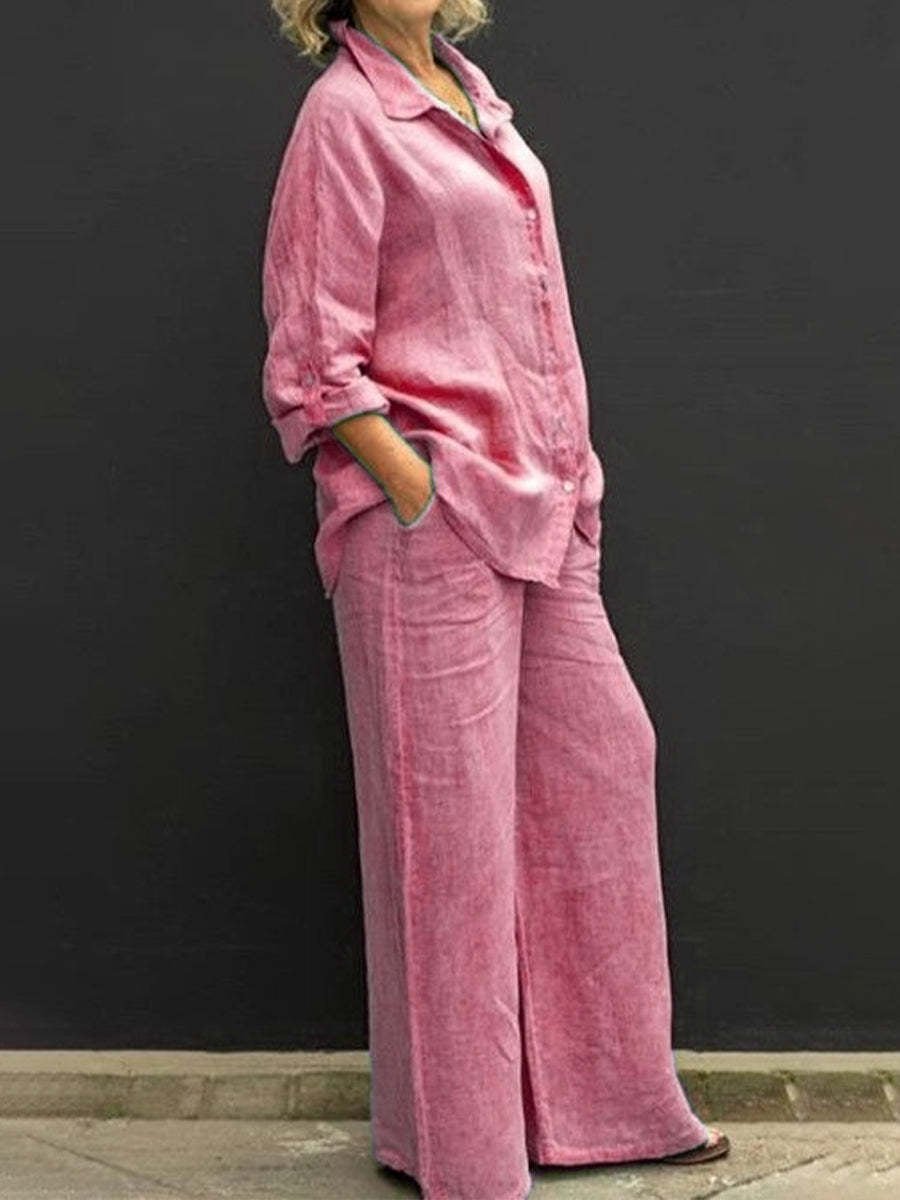 Breezy cotton-linen women's two-piece summer suit set with a relaxed fit, ideal for warm weather comfort.