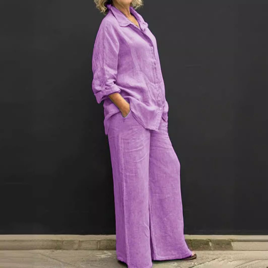 Light-colored women's relaxed fit cotton-linen two-piece summer suit for a comfortable and chic warm-weather outfit.