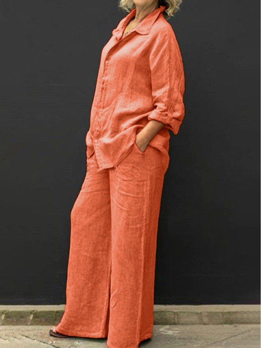 Effortless women's two-piece summer suit set in breathable cotton-linen, offering a relaxed and stylish fit.