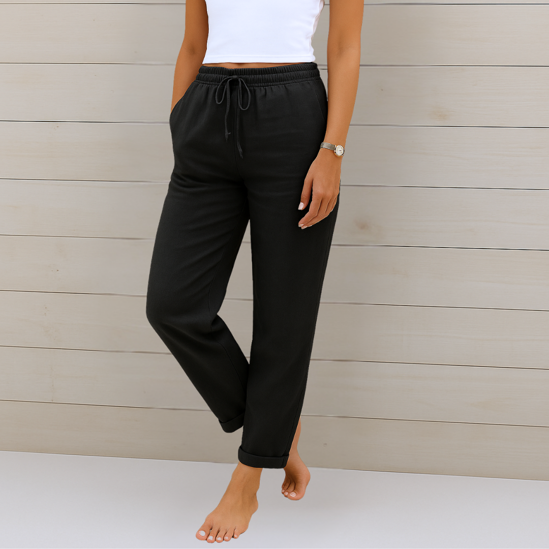 Flattering women's relaxed fit trousers, featuring a comfortable elastic waist for stylish bottom wear.