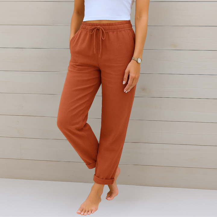 Women's relaxed fit pants with a comfy elastic waist, providing versatile and stylish bottom wear.