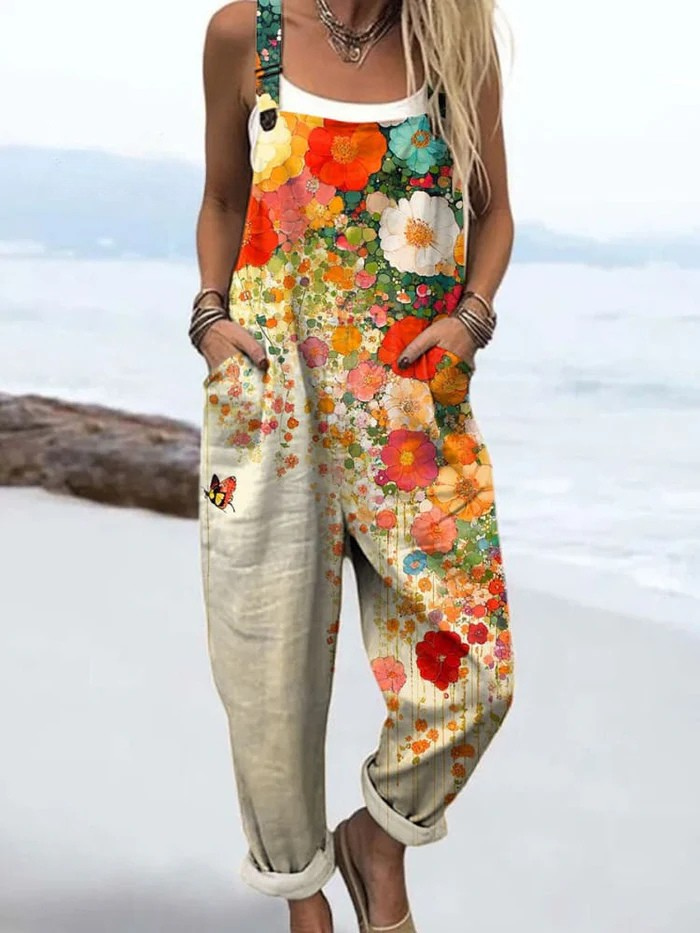 Women's relaxed fit wildflower print wide-leg jumpsuit. Perfect for summer, spring casual, elegant, boho chic style.