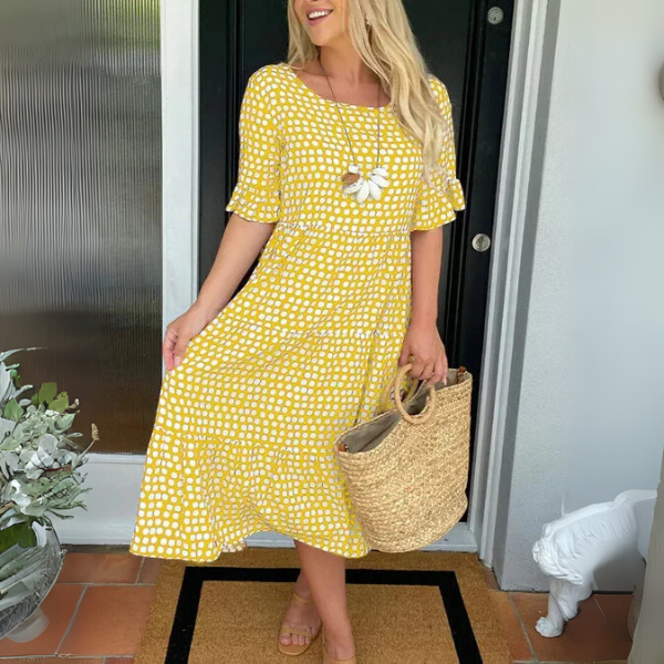 Comfortable women's relaxed midi dress with tiered design. Effortless, flattering style perfect for all sizes, including plus size.