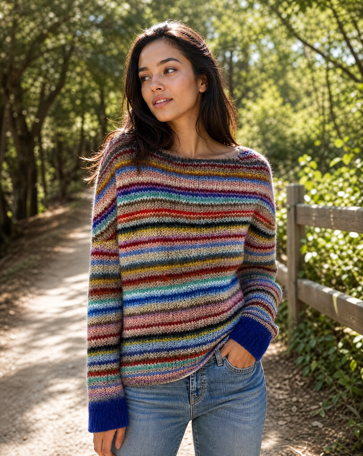 Colorful retro striped knit sweater for women, a cozy winter fashion choice.