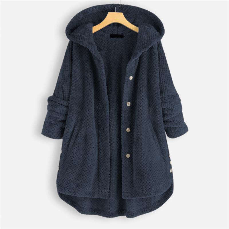 Warm women's reversible hooded jacket, versatile FleeceLux outerwear for winter & spring comfort.