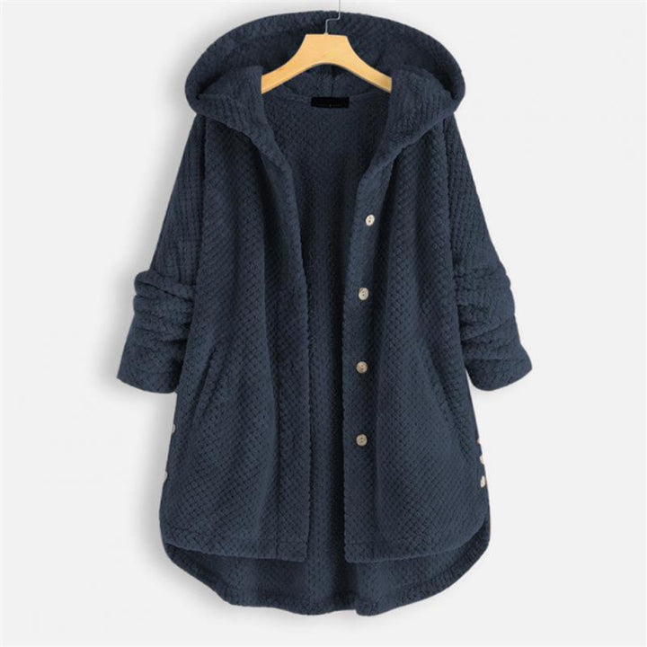 Warm women's reversible hooded jacket, versatile FleeceLux outerwear for winter & spring comfort.