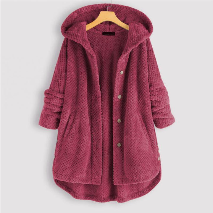 Stylish women's reversible hooded outerwear, a cozy FleeceLux jacket for autumn and winter fashion.