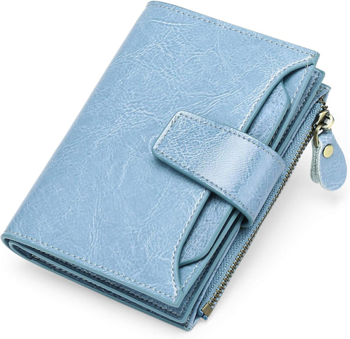 Women's RFID blocking compact leather wallet, secure card holder & coin purse.