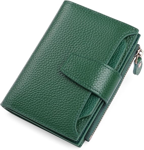 Open women's RFID blocking leather wallet displaying card slots, ID window, & coin purse.